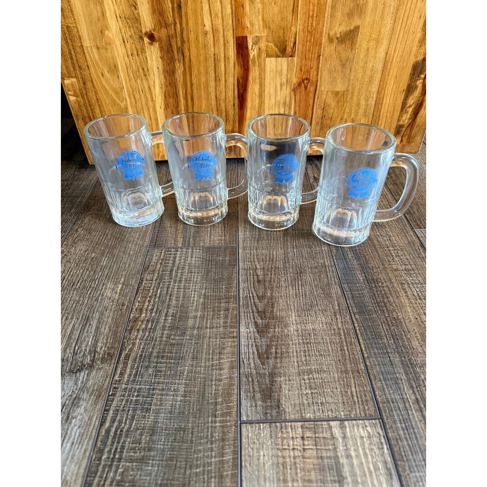 Vintage Lot of 4 Heavy Glass Pabst Blue Ribbon Beer Mugs